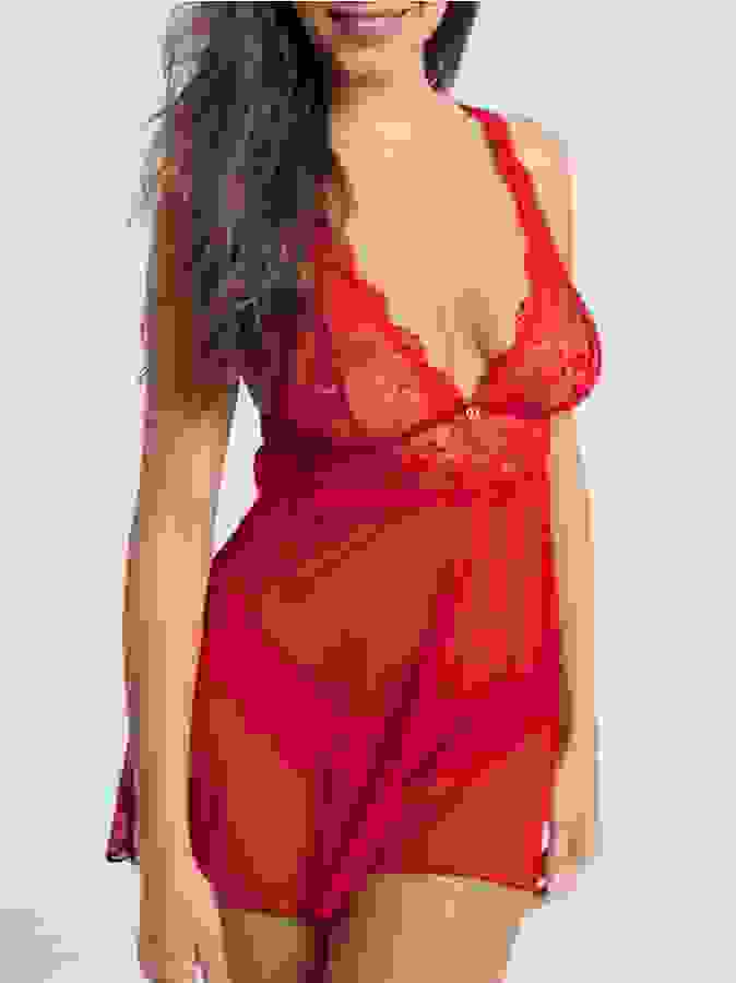 Lovehoney Bombshell Red Lace Babydoll Set, Red, hi-res